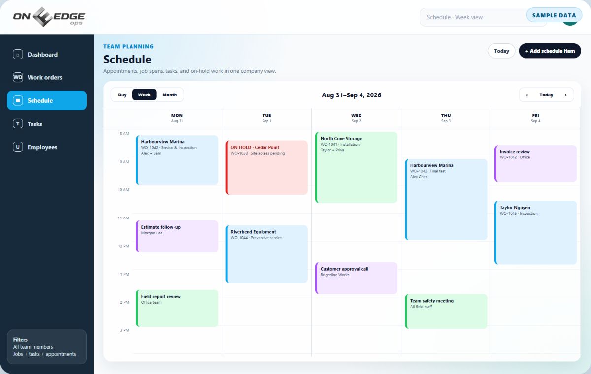 On Edge Ops weekly schedule with fictional sample data